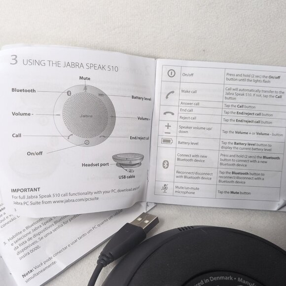 Jabra Speak 510 PHS002W Wireless Bluetooth USB Speakerphone Black Tested Works - Picture 9 of 9